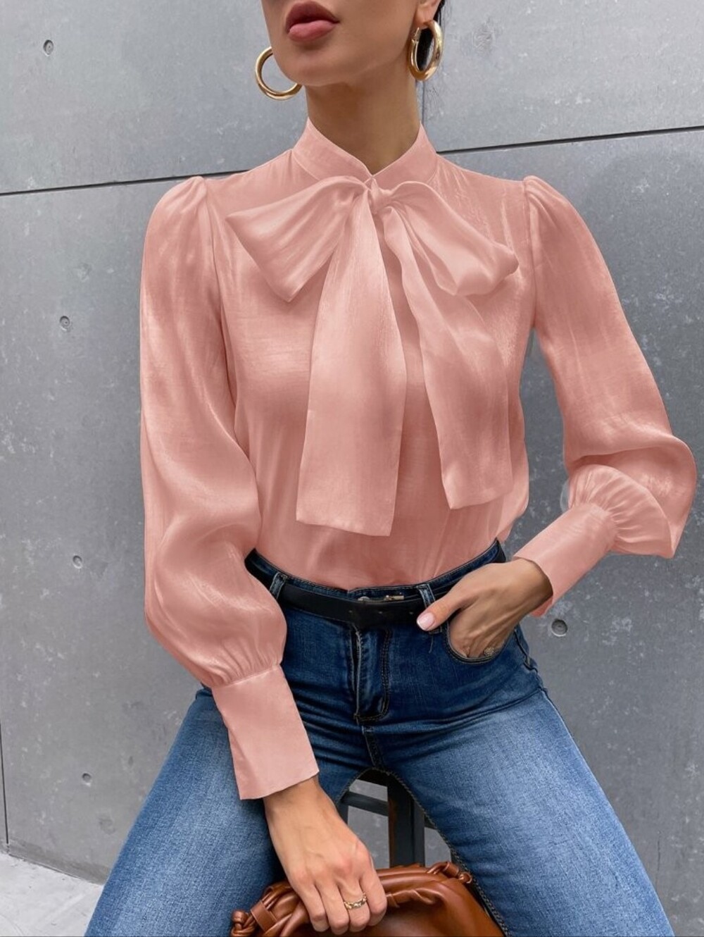 Women's Shimmery Pink Satin Tie-Neck Blouse